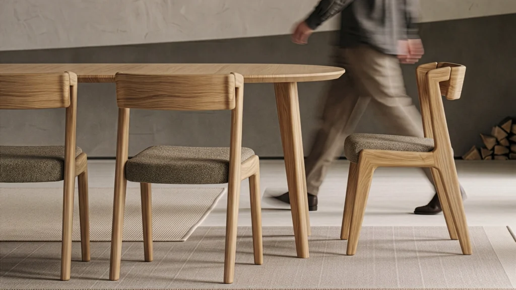 Mesa redonda vs rectangular: cuál encaja en tu comedor 3 Detalle de extensiones colocadas en mesa NORMA — continuidad de veta