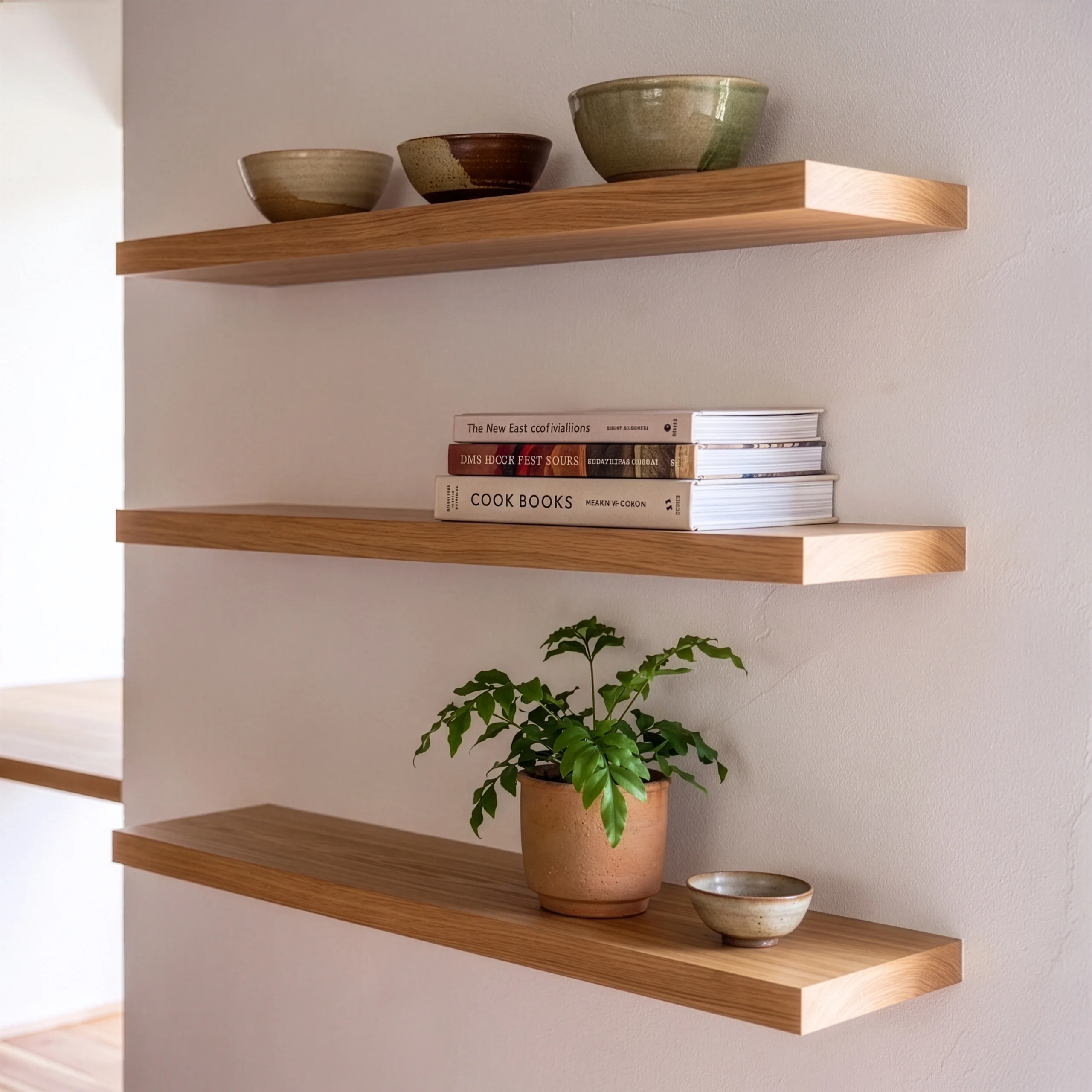Balda flotante SOMA de roble macizo natural sobre pared blanca