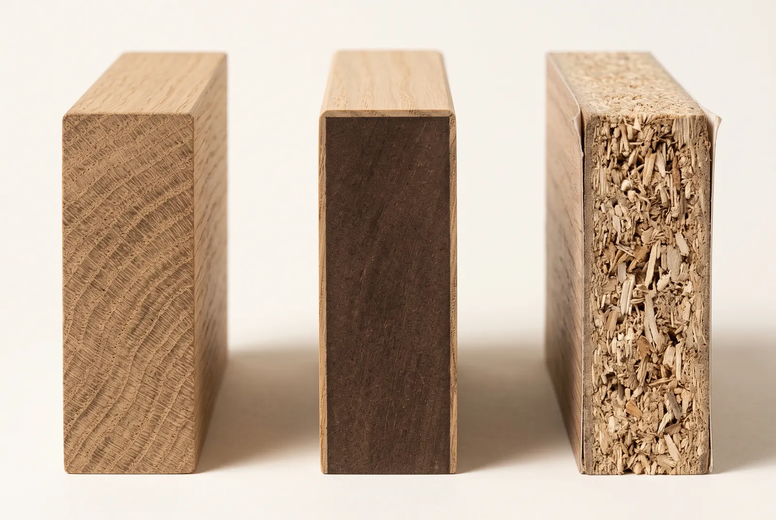Tres tacos de madera vistos de canto: roble macizo, tablero chapado y aglomerado