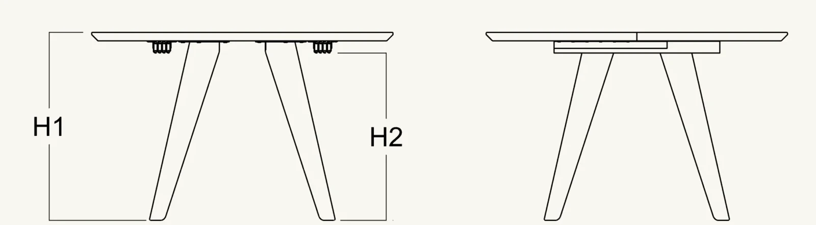 Dibujo técnico de las patas de la mesa MODE: arrancan del centro y se abren en diagonal