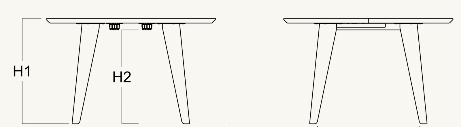 Dibujo técnico de las patas de la mesa NORMA: arrancan junto al borde y bajan casi rectas