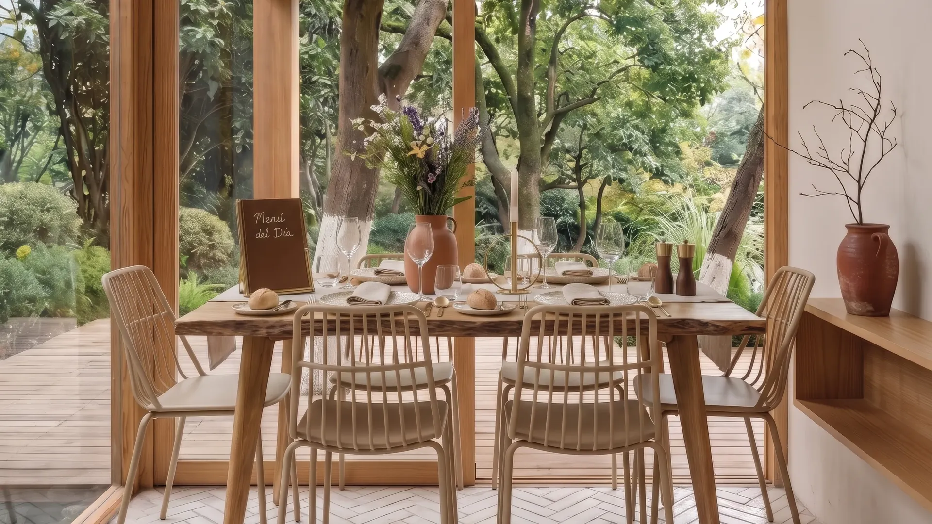 Cómo cuidar una mesa de madera maciza (y que siga igual dentro de 20 años) 3 Mesa de comedor de roble macizo puesta, con platos, copas y flores
